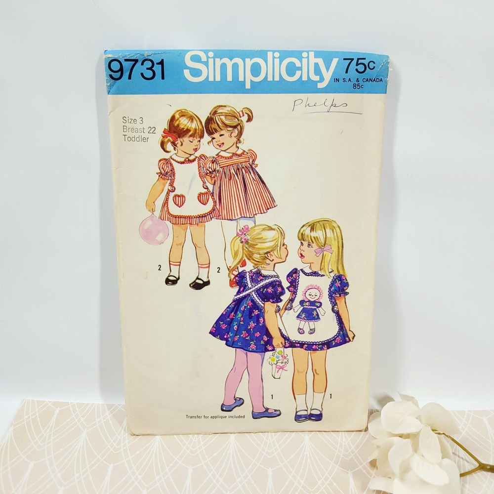 1970s toddler sz 3 Simplicity dress apron pattern #9731 complete uncut ragdoll